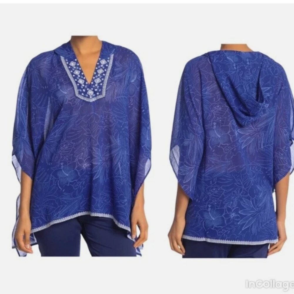 Tommy Bahama Large Blue Gauze Kaftan Floral Embroidered‎ Cover-up Top Vacation